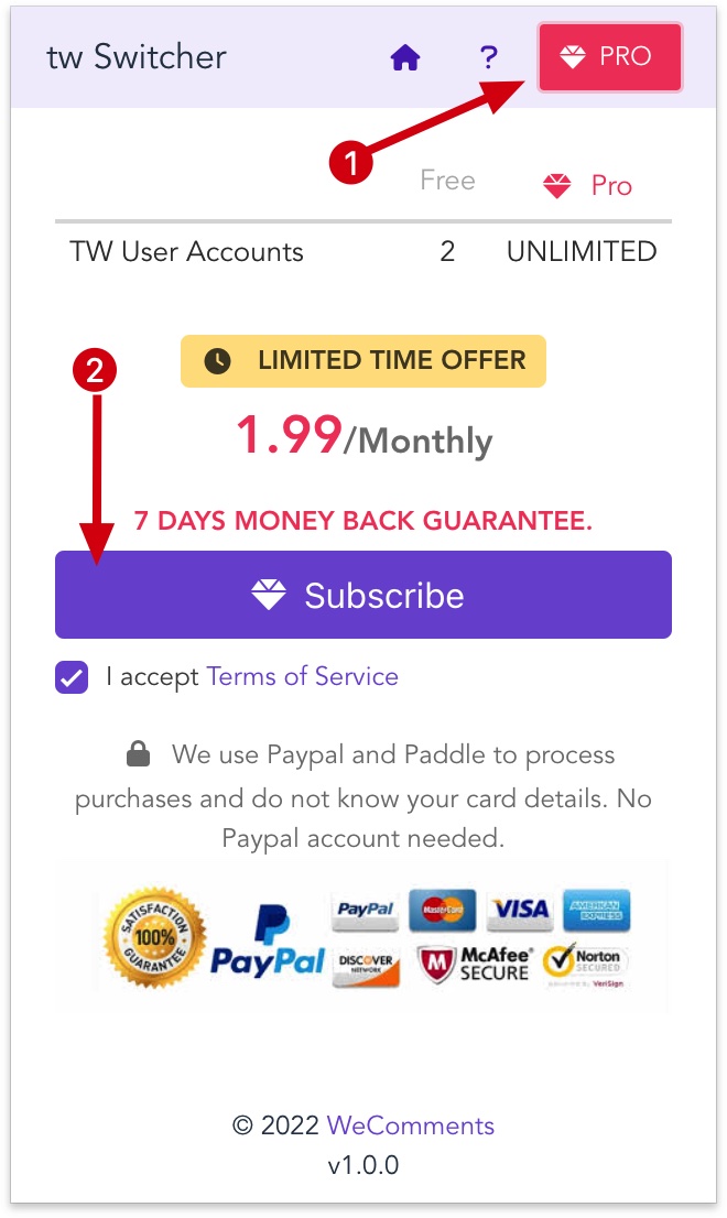 TwSwitcher chrome extension subscribe pro